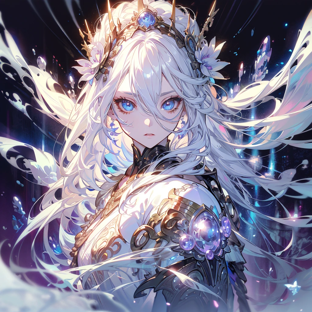 a highly detailed fantasy portrait of a beautiful female mage with long white hair and double braids, wearing an ornate floral bridal armor set, standing in front of a vast and epic magical battlefield, with a serene and powerful aura surrounding her, on a pristine white background, (best quality,8k,ultra-detailed,masterpiece:1.2),(realistic,photorealistic,photo-realistic:1.37),detailed eyes and face,beautiful detailed lips,extremely detailed eyes and face,long eyelashes,flowing white hair,mage,bridal armor,floral motifs,epic fantasy battlefield,pristine white background,transparent