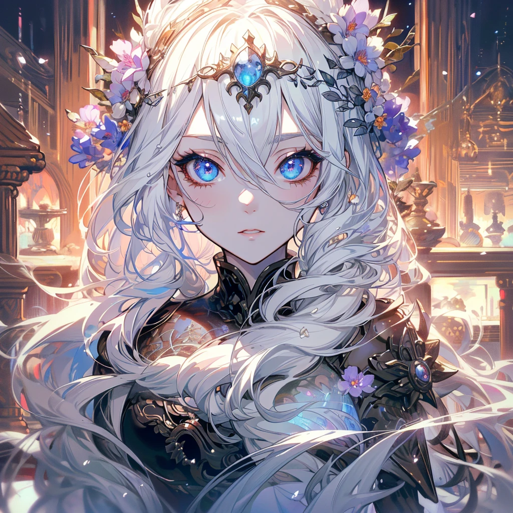 a highly detailed fantasy portrait of a beautiful female mage with long white hair and double braids, wearing an ornate floral bridal armor set, standing in front of a vast and epic magical battlefield, with a serene and powerful aura surrounding her, on a pristine white background, (best quality,8k,ultra-detailed,masterpiece:1.2),(realistic,photorealistic,photo-realistic:1.37),detailed eyes and face,beautiful detailed lips,extremely detailed eyes and face,long eyelashes,flowing white hair,mage,bridal armor,floral motifs,epic fantasy battlefield,pristine white background,transparent