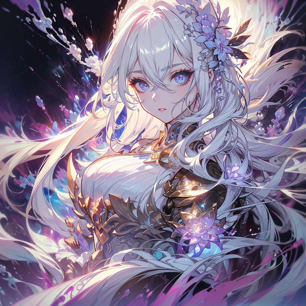 a highly detailed fantasy portrait of a beautiful female mage with long white hair and double braids, wearing an ornate floral bridal armor set, standing in front of a vast and epic magical battlefield, with a serene and powerful aura surrounding her, on a pristine white background, (best quality,8k,ultra-detailed,masterpiece:1.2),(realistic,photorealistic,photo-realistic:1.37),detailed eyes and face,beautiful detailed lips,extremely detailed eyes and face,long eyelashes,flowing white hair,mage,bridal armor,floral motifs,epic fantasy battlefield,pristine white background,transparent