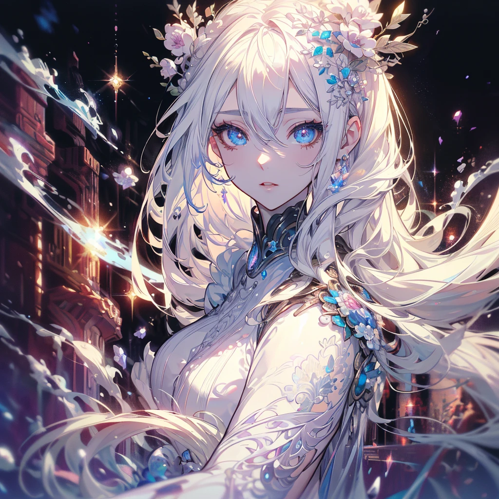 a highly detailed fantasy portrait of a beautiful female mage with long white hair and double braids, wearing an ornate floral bridal armor set, standing in front of a vast and epic magical battlefield, with a serene and powerful aura surrounding her, on a pristine white background, (best quality,8k,ultra-detailed,masterpiece:1.2),(realistic,photorealistic,photo-realistic:1.37),detailed eyes and face,beautiful detailed lips,extremely detailed eyes and face,long eyelashes,flowing white hair,mage,bridal armor,floral motifs,epic fantasy battlefield,pristine white background,transparent