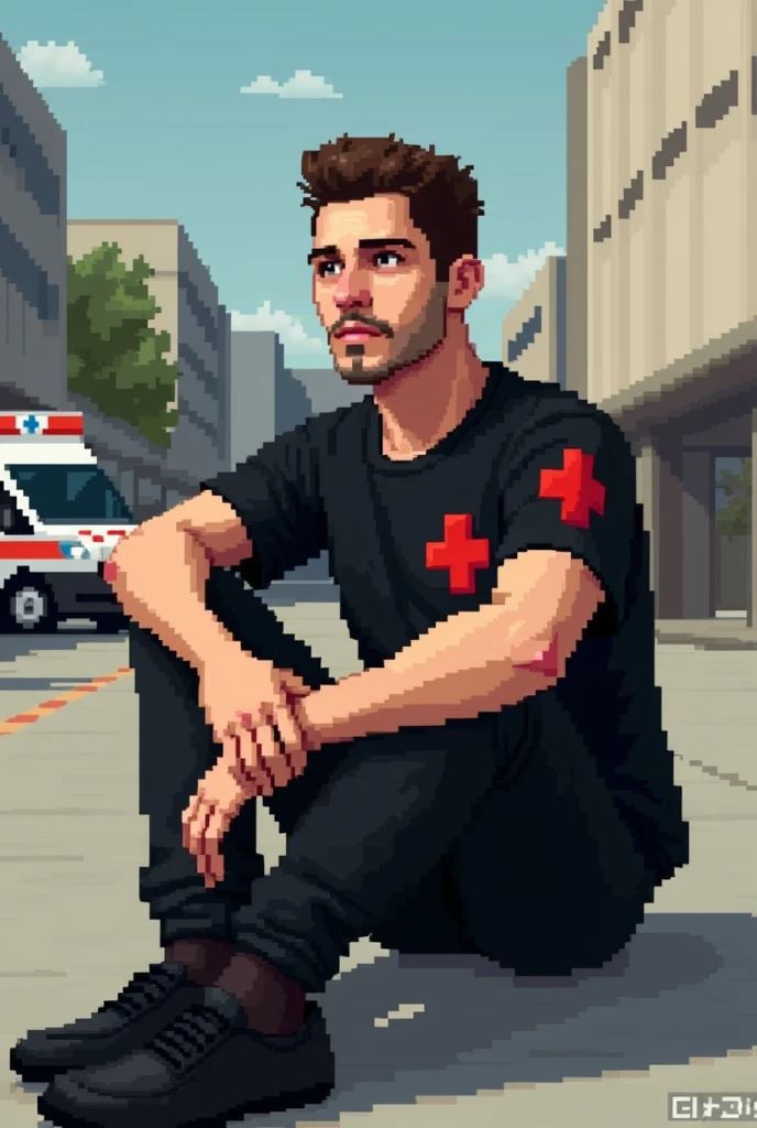 Create a pixelated image of a 22-year-old man sitting on the floor with his legs folded to the sides. He should be wearing a black shirt with a red cross on the left chest, Black pants and black shoes. The man has short brown hair styled to the side, Goatee and sparse mustache. parking, ambulance, cement, open air, concrete