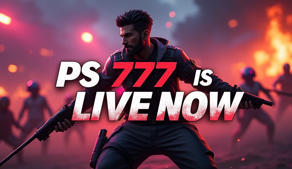 
**Text Prompt:**
"Create a YouTube thumbnail for a Free Fire gaming live stream titled 'PS 777 is LIVE NOW'. The design should be in a 16:9 ratio, featuring a dramatic battleground background with vibrant, intense colors. Highlight a popular Free Fire character engaged in combat, centrally positioned. The text 'PS 777 is LIVE NOW' should be large, bold, and in Gradient Red and white letters with a slight shadow effect. The overall design should be dynamic and clean, with high-contrast colors like reds, yellows, and dark tones to make it visually striking..!!
