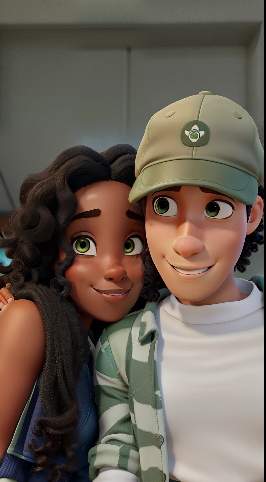 A Black woman with curly hair and her White boyfriend wearing a green military cap. Disney Pixar
