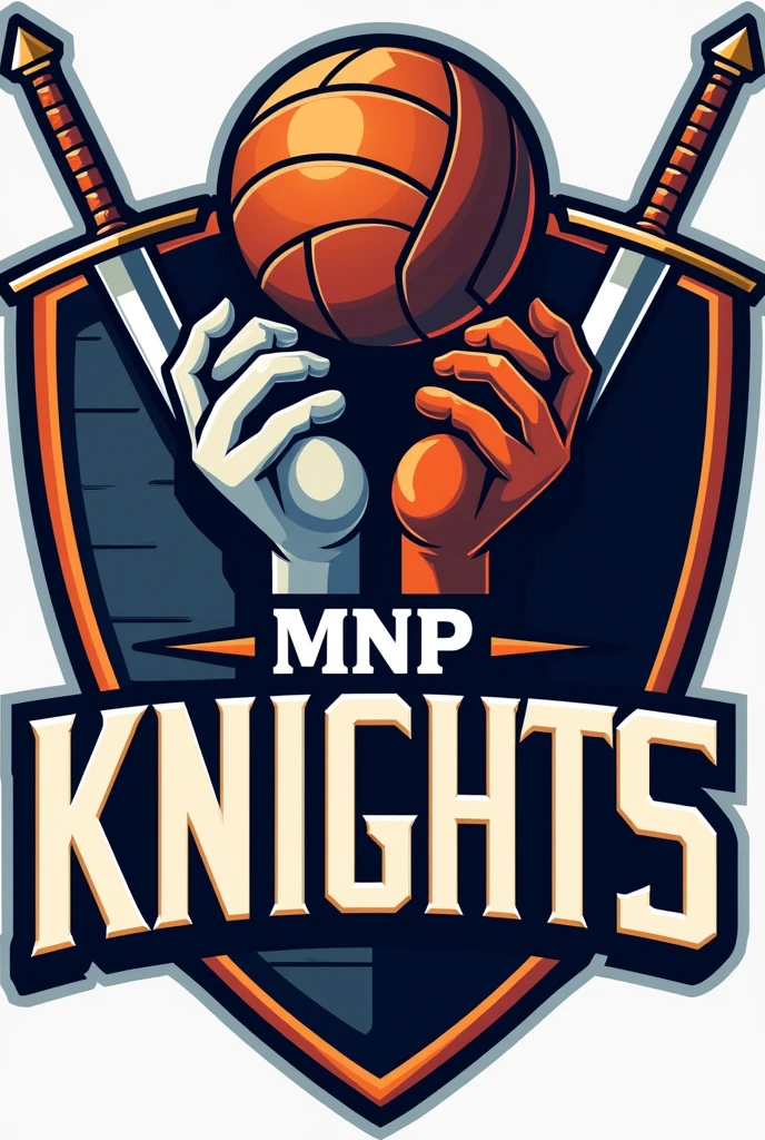 Create a logo, entitled MNP knights the design is half volleyball ball and basketball ball with two hands and shield and swords include the "MNP KNIGHTS"
