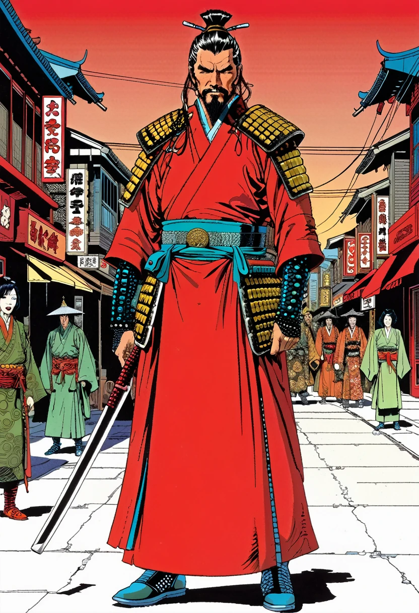 The Warlord, cyberpunk samurai warrior, Red Desert Geisha, Scary Garry Trudeau illustration Main Street comic 1970’s --ar 16:8