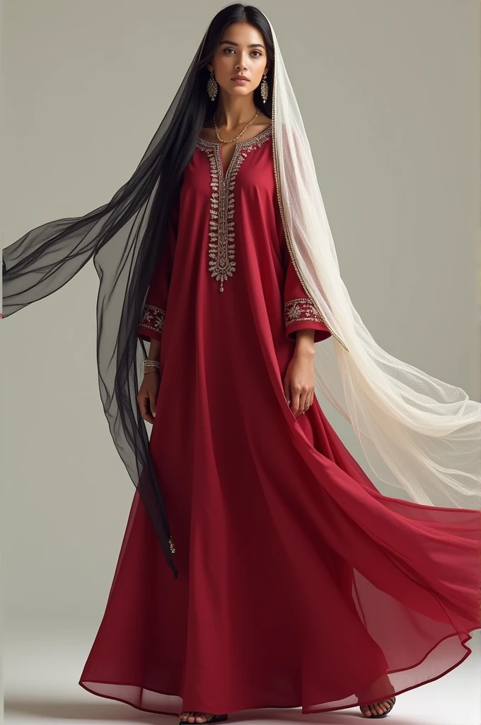 Wine red color Kurtha with white or black mund wearing a women