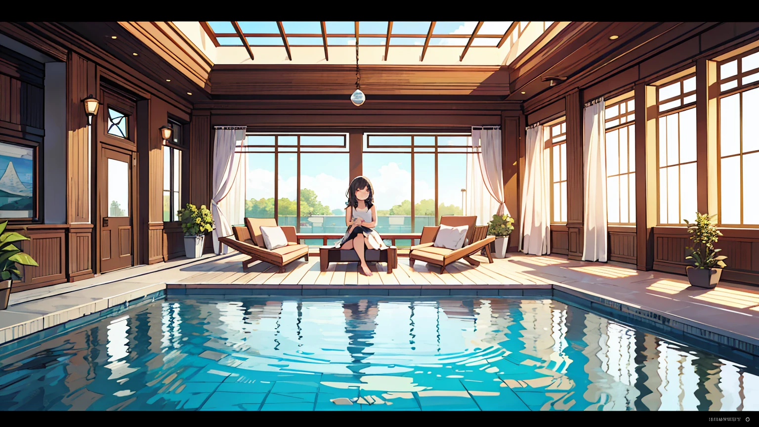 (masterpiece, best quality),2 women, different hair colors, different faces,letterboxed, perfection of fashion,chapped lips, sleeveless,dress,upper body, from the side,Infinity Pool,Lounge Chair,marble floor,Advanced Table