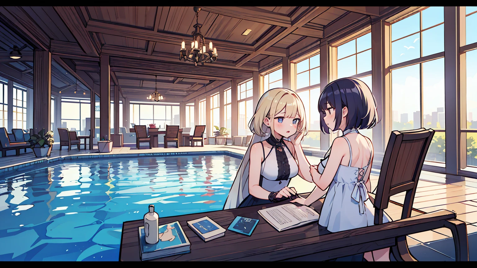 (masterpiece, best quality),2 women, different hair colors, different faces,letterboxed, perfection of fashion,chapped lips, sleeveless,dress,upper body, from the side,Infinity Pool,Lounge Chair,marble floor,Advanced Table
