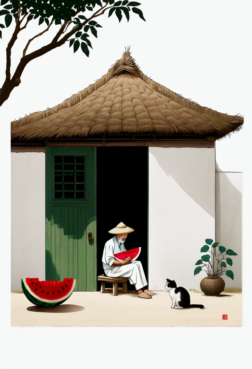 (((Negative Space，far away，Corner Composition))).An old man wearing a straw hat sitting under a thatched roof eating watermelon,A tabby cat sitting beside. Characteristics of Manga Style,sketch,Rich and colorful cartoon illustrations. Simple lines,Flat shading,Featuring a Chinese-style cartoon character (Predominantly White Background:2),(Large area of blank),,Simple background,(Large area of blank）