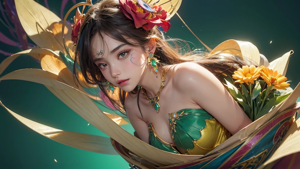 A floating girl, (black hair with blooming green locks), (emerald bra with gold), ((very small breasts)), athletic and slim body, gold skirt with white silk, gold bracelets, perfect and delicate face, (American face), rays, clouds, moonlight night