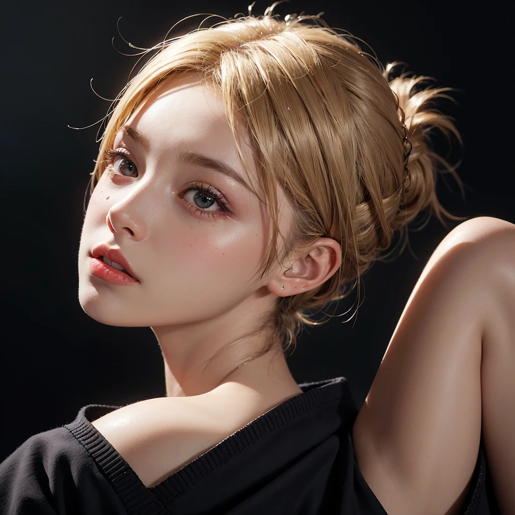 a 20 yo woman, blonde, (hi-top fade:1.3), dark theme, soothing tones, muted colors, high contrast, (natural skin texture, hyperrealism, soft light, sharp)