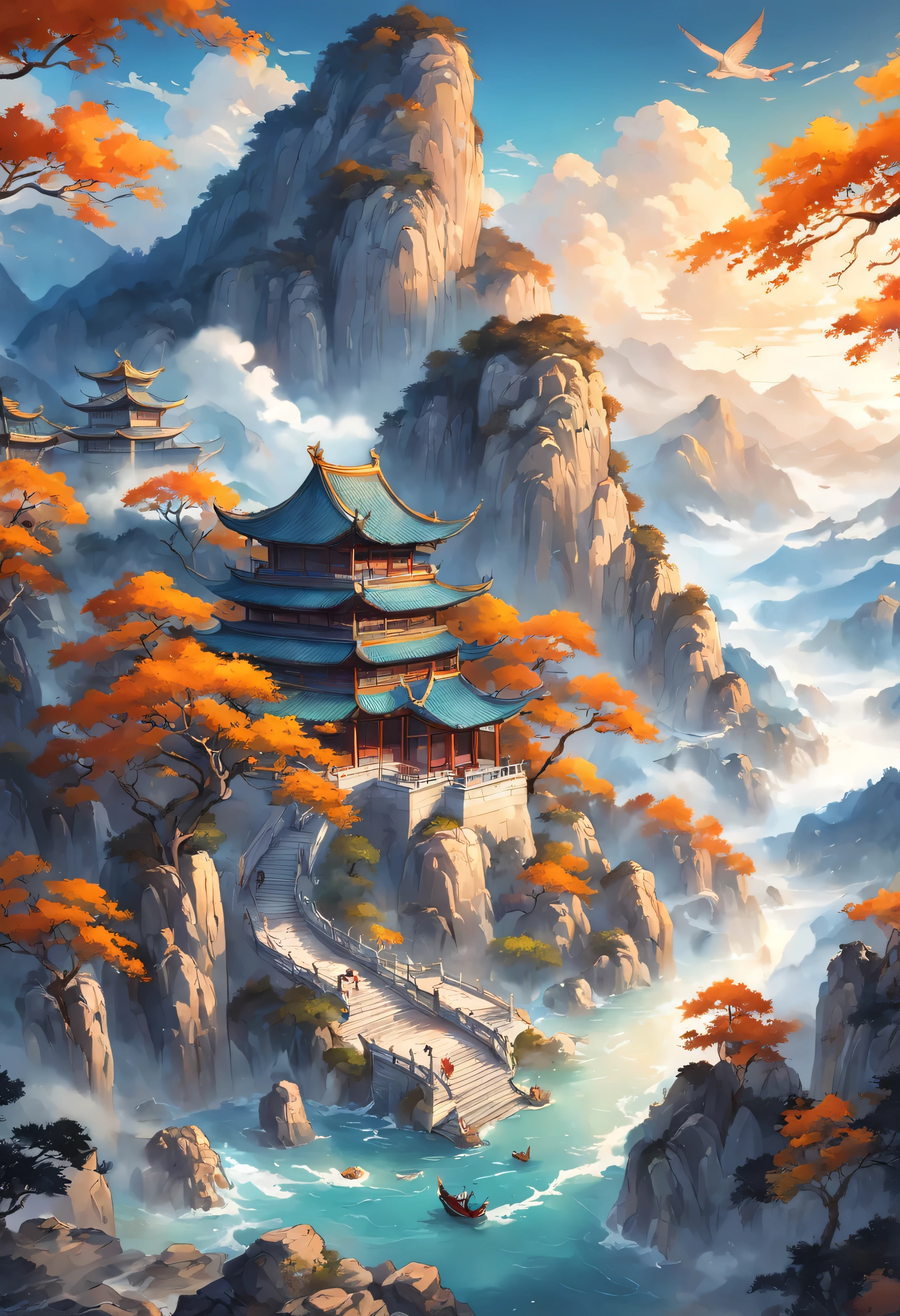 Ancient Chinese paintings, Ancient Chinese Background, Mountains, river, Auspicious Clouds, Exhibition Hall, Sunlight, masterpiece, Super Detail, Epic creation, Ultra HD, high quality, Extremely detailed, Official Art, Unity 8k wallpaper, Super Detail, 32k -- Part 6