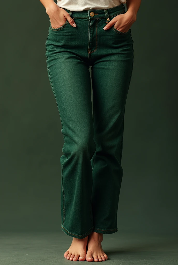 Women's feet and legs in dark green jeans 