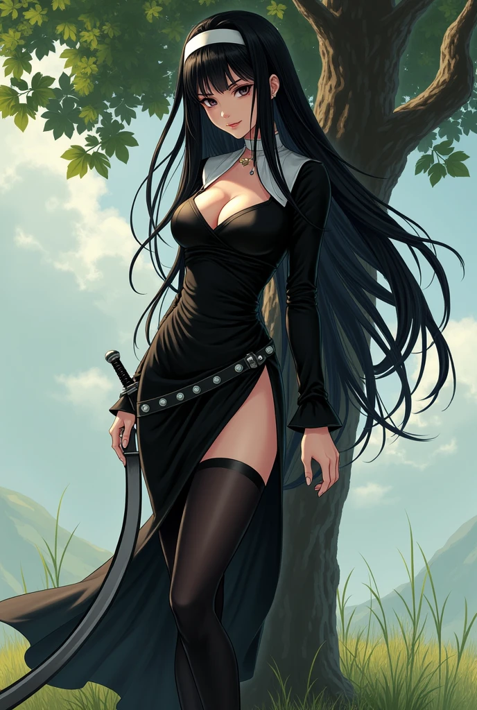 Young woman, Twenty years old, long black hair, Wearing what looks like a tight nun's dress, Big chest, Thin waist, Big butt, Revealing slender legs, Wear black stockings, Waist Sword, Standing beside the tree, Drawing style: Manga 2.5D