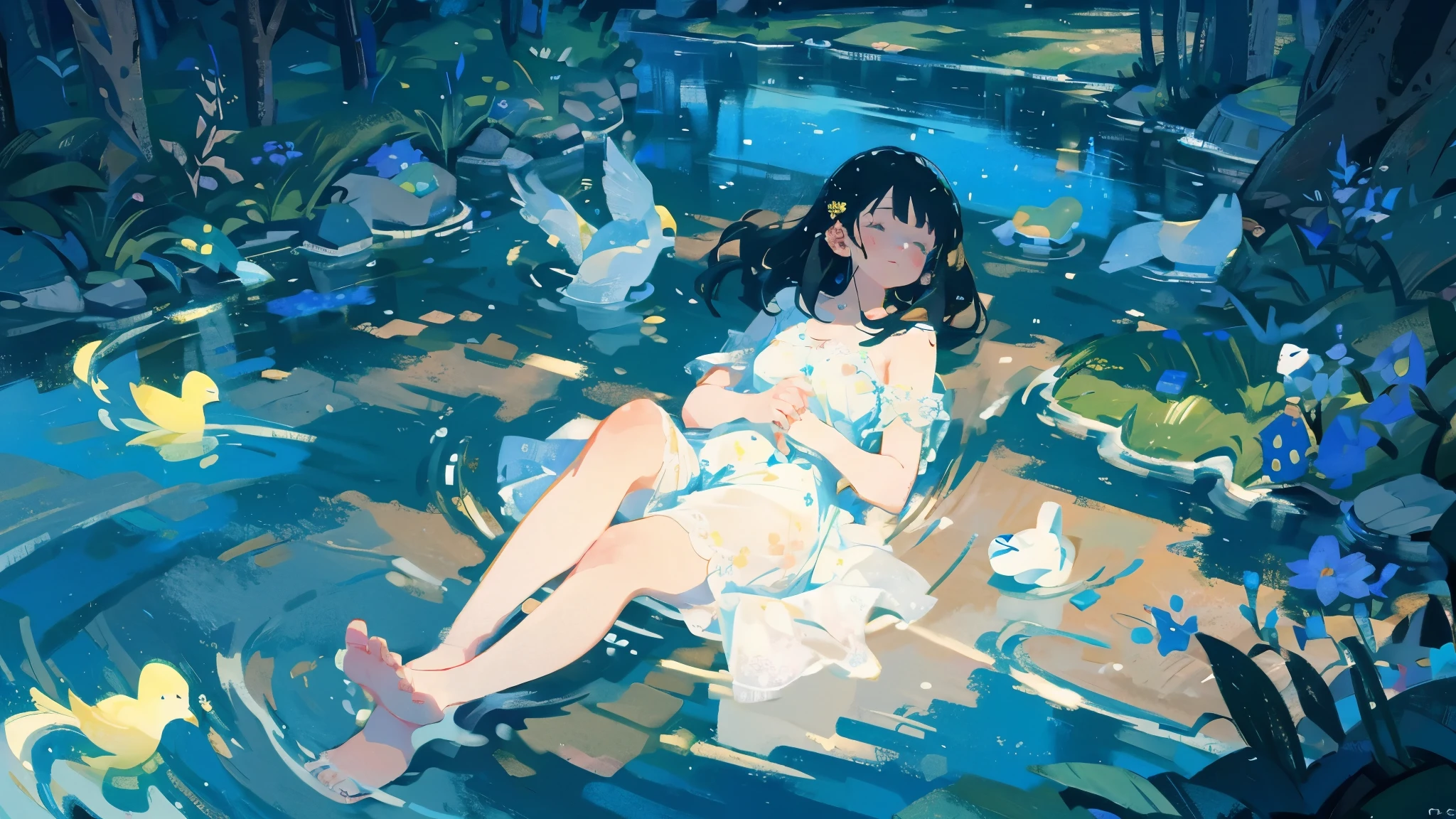 By the stream in the woods、Scene with pretty young woman relaxing with her feet in water、Perfect Face、particle