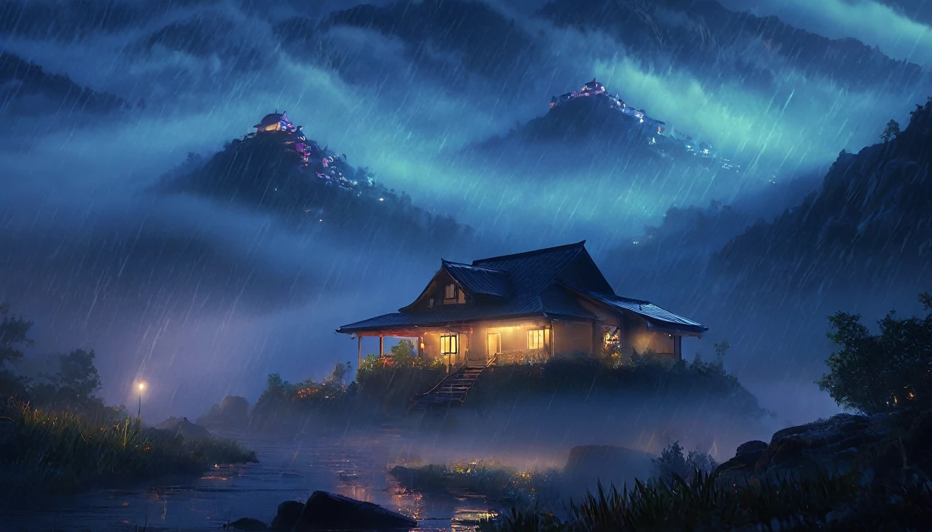 beautiful rainy night, Mountain々, Dream House, night, Calm, alone, art, Realistic, hyper-Realistic, Very detailed, realism, 32K, photograph, Cinematic, HyperRealistic, splash art, concept art, Fictional Environment, Mid Shot, Exquisitely crafted, Depth of Color, dramatic, Side light, Colorful background, Beautifully photographed, Perfect composition, Atmospheric, Sulky, Happy,Fantastic,Thick Fog,it&#39;s raining