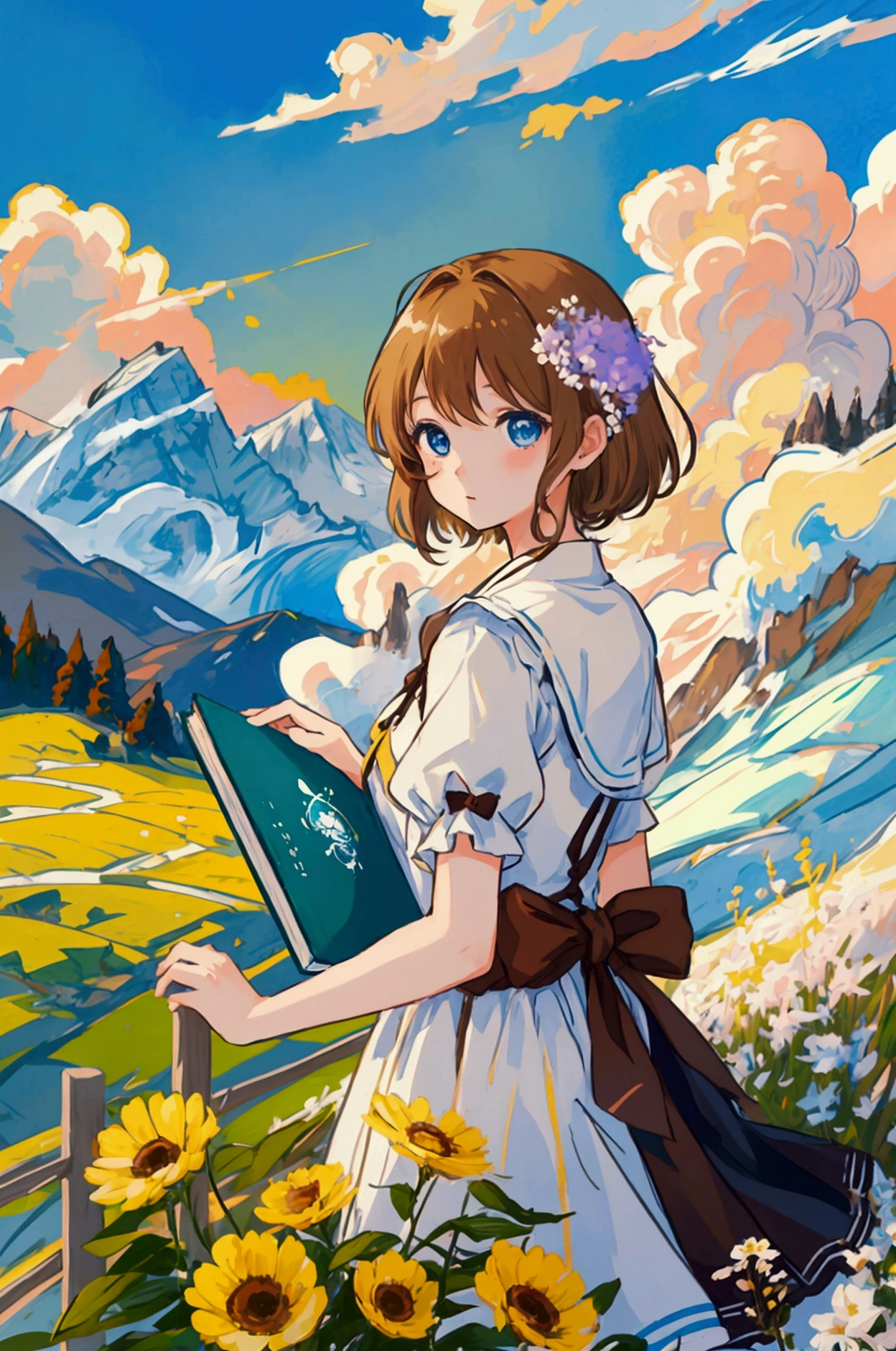 2 girls、Anime illustration、high quality、masterpiece、Girl 10 years old、Semi-long hair、Blonde Lady、Clara、blue eyes、&short hair、brown、Dress、Living in the Alps、brown目、Lively tomboy、Heidi, Girl of the Alps background Alps flowers beginning to bloom、A good friend、It's like a picture book、Illustration by an illustrator