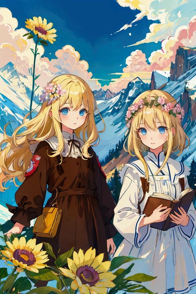 2 girls、Anime illustration、high quality、masterpiece、Girl 10 years old、Semi-long hair、Blonde Lady、Clara、blue eyes、&short hair、brown、Dress、Living in the Alps、brown目、Lively tomboy、Heidi, Girl of the Alps background Alps flowers beginning to bloom、A good friend、It's like a picture book、Illustration by an illustrator