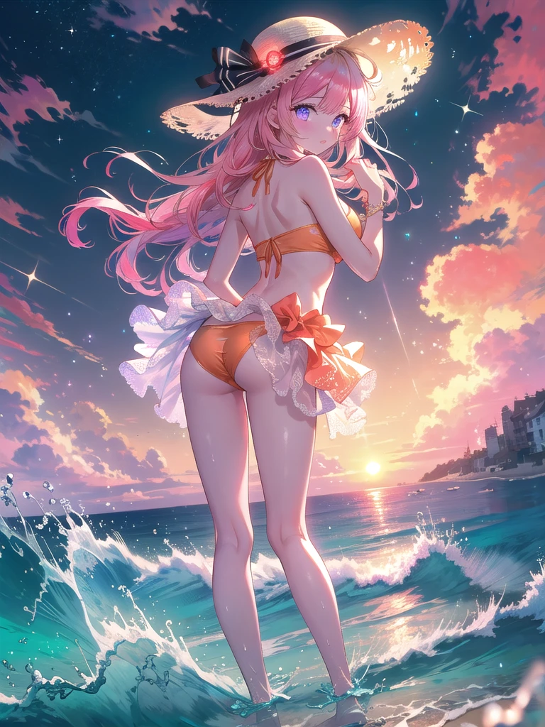 ((8k, Highest quality, masterpiece: 1.3)),Ultra-high resolution,(1 girl, alone), (Color changing eyes, Ultra-detailed, Expressive brilliance, Glitter, Glowing Eyes), Highly detailed eyes, Highly detailed face, Random Hair, ((pastel colour)),A charming young woman with long, wavy pastel pink hair cascading down her back. She is standing on a sandy beach during the golden hour, the sun setting behind her, casting a warm glow on her silhouette. She wears a strapless coral bikini with a ruffled top, adding a playful touch to her outfit. The bikini bottom is a simple high-cut style, emphasizing her slender legs. The camera angle is low, capturing her from the waist up, with the soft waves of the ocean in the background. She is holding a wide-brimmed sun hat in one hand, and her other hand gently touches her hair as it sways in the breeze. The sky is painted in hues of orange, pink, and purple, creating a dreamy, romantic atmosphere.