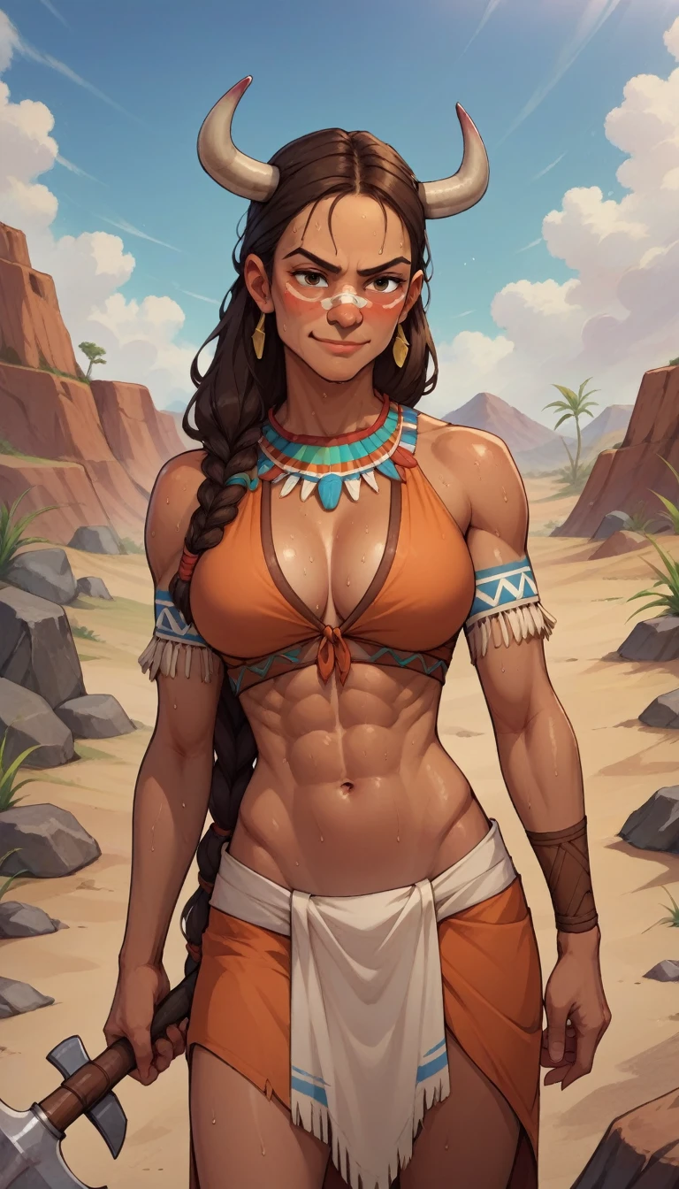 core_9, score_8_up, score_7_up, score_6_up, BREAK 1woman, skinny,big breasts, wearing native american clothes, in a rocky orange desert terrain, smirking, sweating, holding axe,brown hair, cow face, cow nose