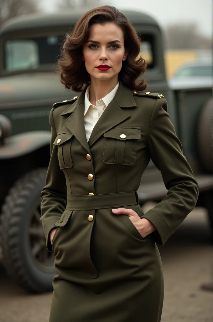 Realistic,A photographic,A realistic portrait of Peggy Carter in her late 20s to early 30s, with shoulder-length wavy brunette hair styled in 1940s fashion. She is wearing a dark olive-green military uniform with brass buttons, a white blouse, and a pencil skirt. Her makeup is classic, featuring red lipstick and subtle eyeliner. Peggy stands confidently, with a determined expression, in a World War II-era setting, possibly a command center or near vintage military vehicles. The lighting is soft, emphasizing her strong and sophisticated appearance, (Big Tits:1.3)、full body image, sexy body, long white legs , big boobs, nudd