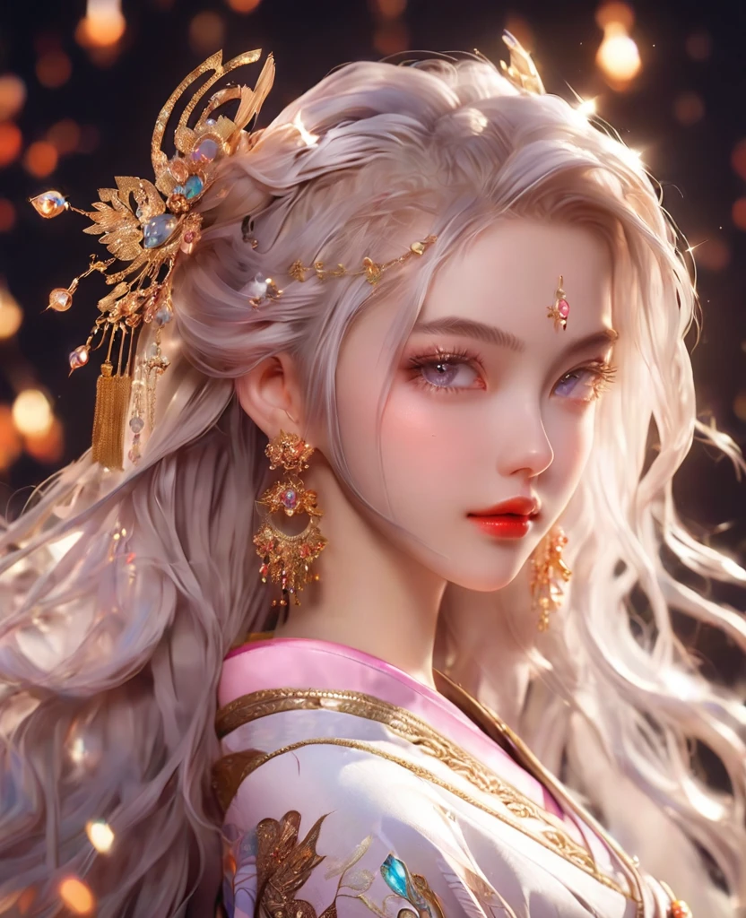8K,Asian cute girl，an extremely delicate and beautiful,Beautiful and realistic skin,Shiny jewel-like earrings,like glitter white hair,,beautiful eyes,full body