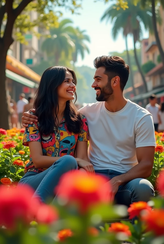 A Brazilian woman, 30years, Bblack hair, white, wearing a pop up print shirt with jeans,  sitting in a flowery square with her husband, vestindo camiseta white, passionate personality 