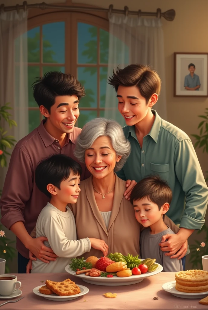 My mother has short hair, is 66 years old, weighs 103 kilograms, and has 3 sons: the first son is 33 years old, the second son is 24 years old, and the third son is 23 years old.
**Enter text "Happy Mother&#39;s Day" rin