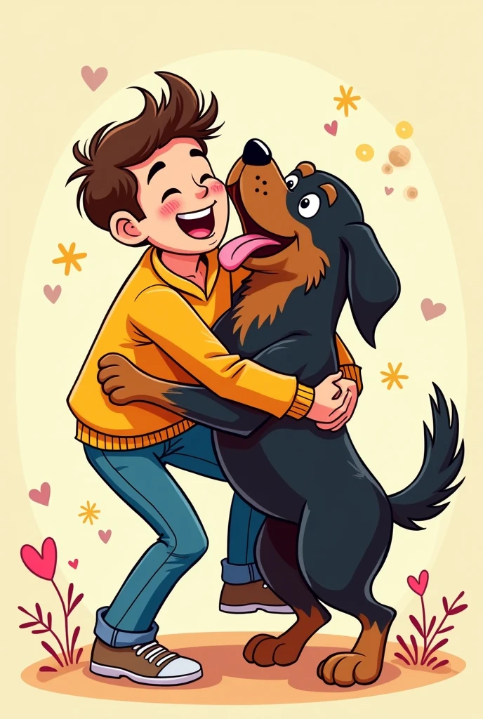 Big Men, men furry design character, furry German shepherd dog, he has big muscles, his body is big and buff, he is a father, dad, daddy, the character Is a Boyfriend, he Is kissing a boy, the boy has black hair and a blue t-shirt