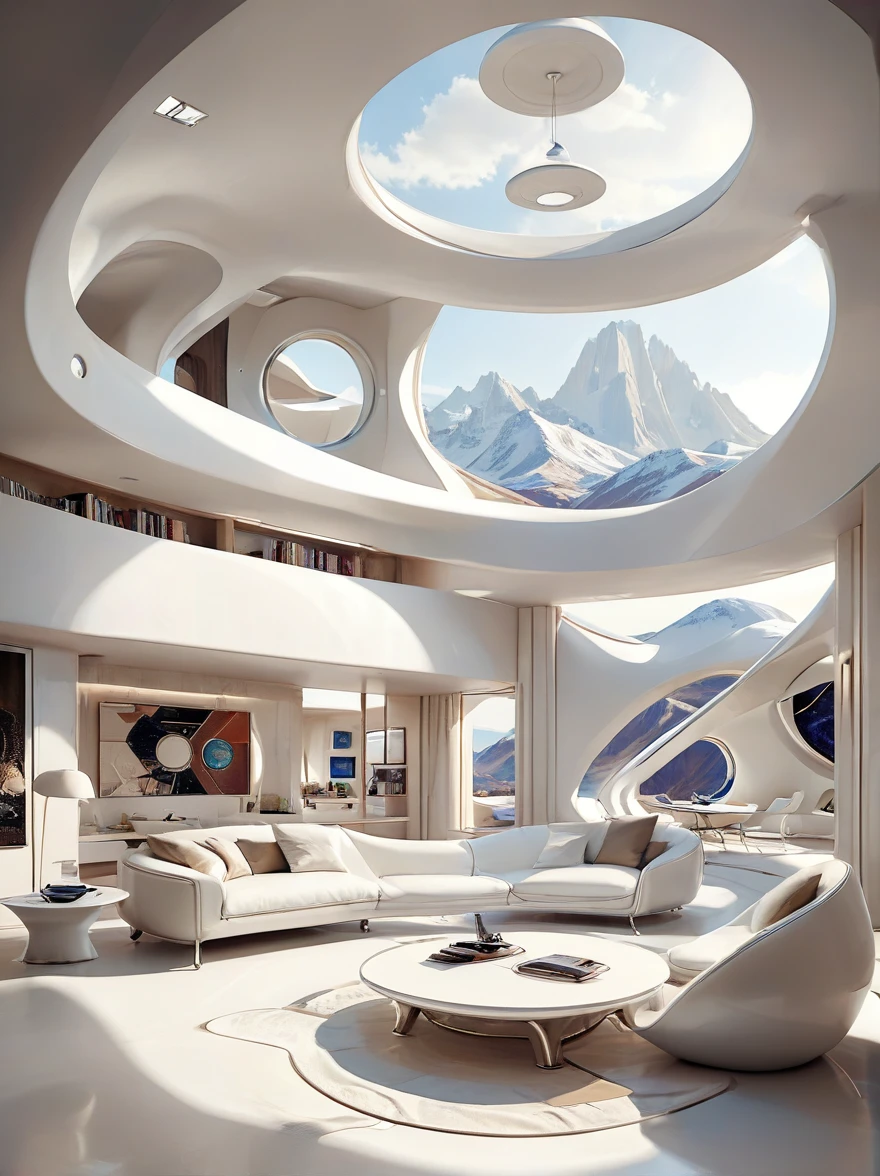 Bedroom study concept for futuristic home incorporates organic fluidity、Circles and geometric shapes，and use artistic imagination to render houses and landscapes, Pure white technology style，Spacious indoor space, style wabi sabi.