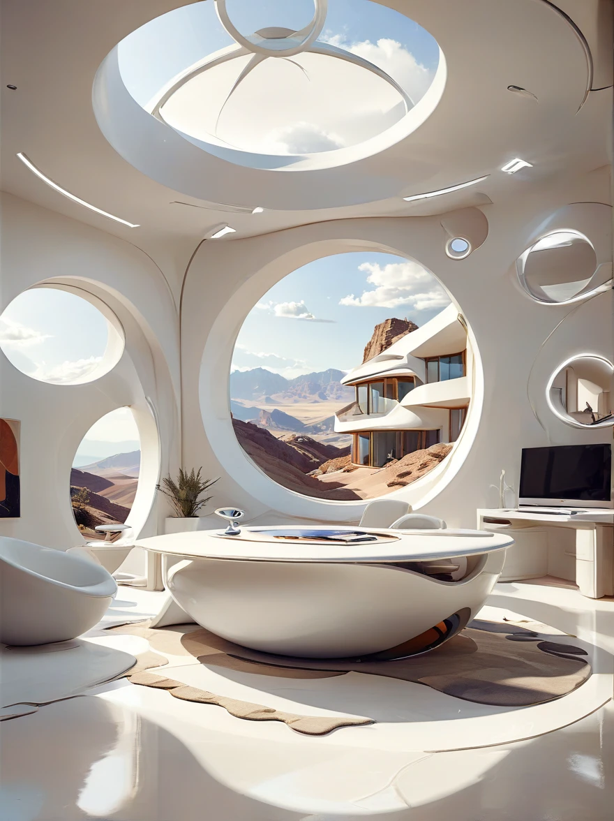 Bedroom study concept for futuristic home incorporates organic fluidity、Circles and geometric shapes，and use artistic imagination to render houses and landscapes, Pure white technology style，Spacious indoor space, style wabi sabi.