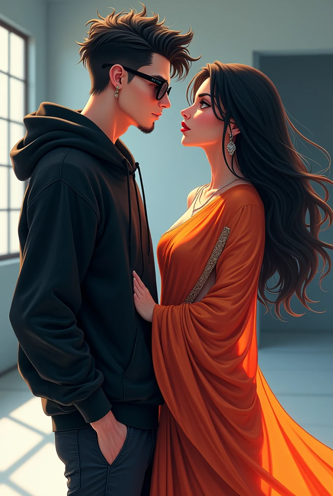 Cool male anime character with hoodie and sunglasses looking straight in the camera with happy face standing in studio creat with sexy school teacher in saree
