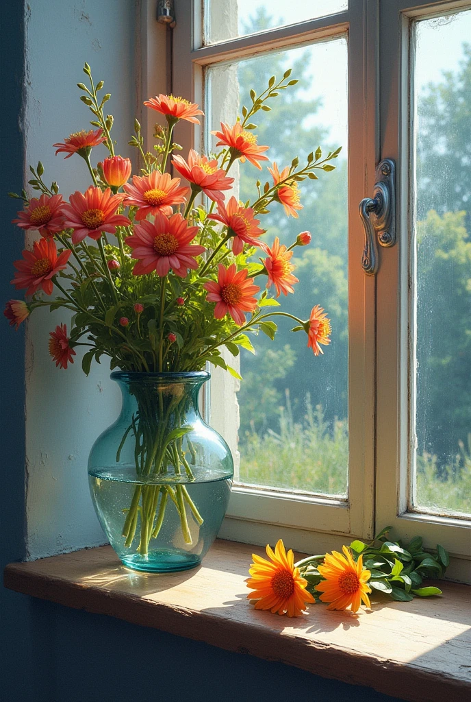 (Photorealism:1.2), collage. picture 1: summer day, there is a vase with wild flowers on the windowsill, Good weather. picture 2: the same vase broken, flowers are lying on the windowsill, water spilled, there&#39;s a storm outside