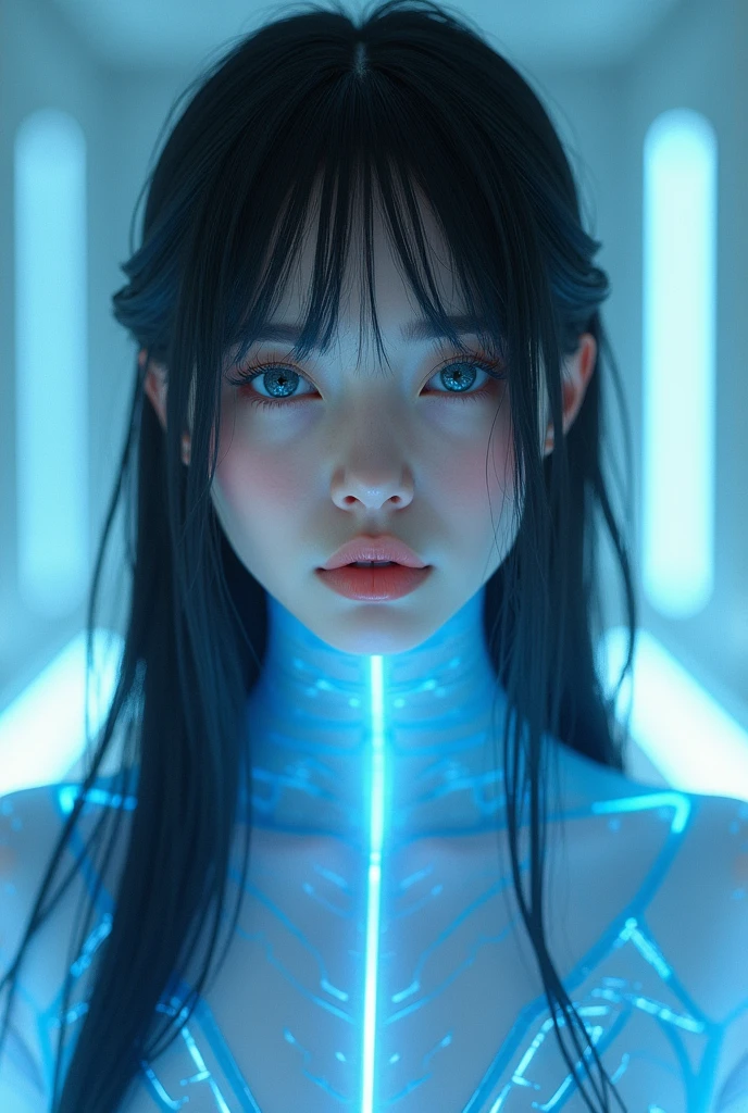 8K, Ultra HD, Masterpiece, 1 girl, exquisite face:1.5), very long hair, strait hair, detailed eyes, ultimate details, wearing transparent science fiction clothes, blue clothes, (glowing clothes:1.4), amazing magnificence, LED Internal lighting, glowing iris, glowing iris,