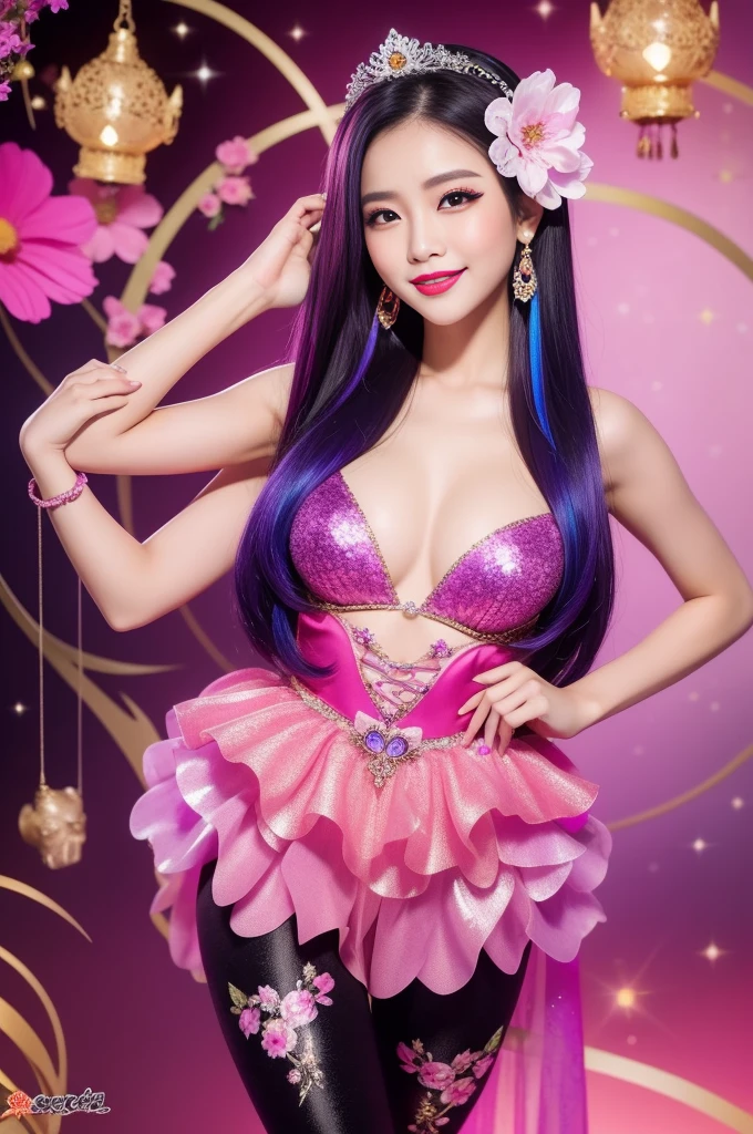 sexy Thai model who controls poison、beautiful smile、lip-gloss、bold lipstick、intense makeup、look at the camera、full body Esbian、、sparkling poisoned flower costume、、、、sparkling Colorful hair、secrete poison、skull hair accessories、sexy tights、shiny sparkling flowers background