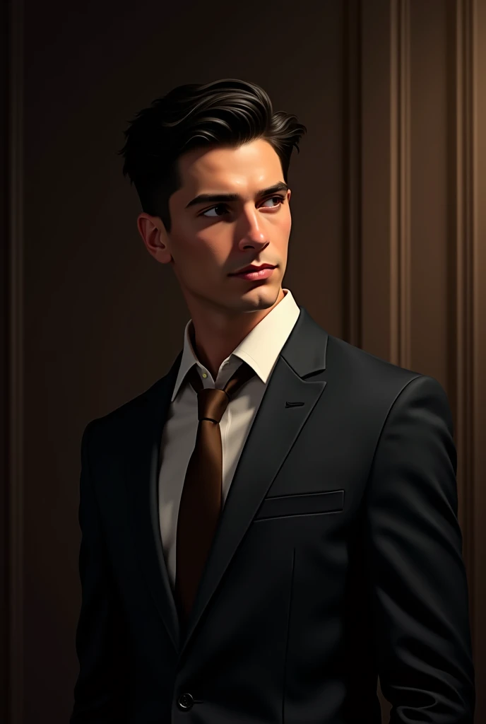 "A well-groomed boy in his late 20s with thick, wavy black hair styled neatly. He is wearing a dark, formal suit paired with a white dress shirt and a brown tie. giving him a mature and sophisticated look. The man is captured in a side profile, looking slightly down with a subtle, confident smile on his face. The setting is dimly lit, highlighting his features and creating a warm, introspective mood. He is natural.