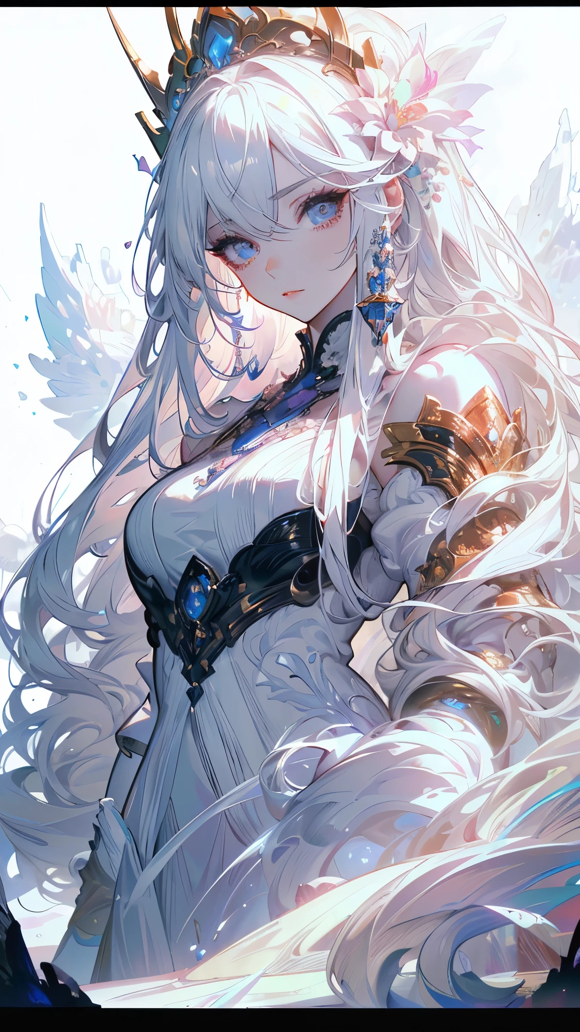 a highly detailed fantasy portrait of a beautiful female mage with long white hair and double braids, wearing an ornate floral bridal armor set, standing in front of a vast and epic magical battlefield, with a serene and powerful aura surrounding her, on a pristine white background, (best quality,8k,ultra-detailed,masterpiece:1.2),(realistic,photorealistic,photo-realistic:1.37),detailed eyes and face,beautiful detailed lips,extremely detailed eyes and face,long eyelashes,flowing white hair,mage,bridal armor,floral motifs,epic fantasy battlefield,pristine white background,transparent