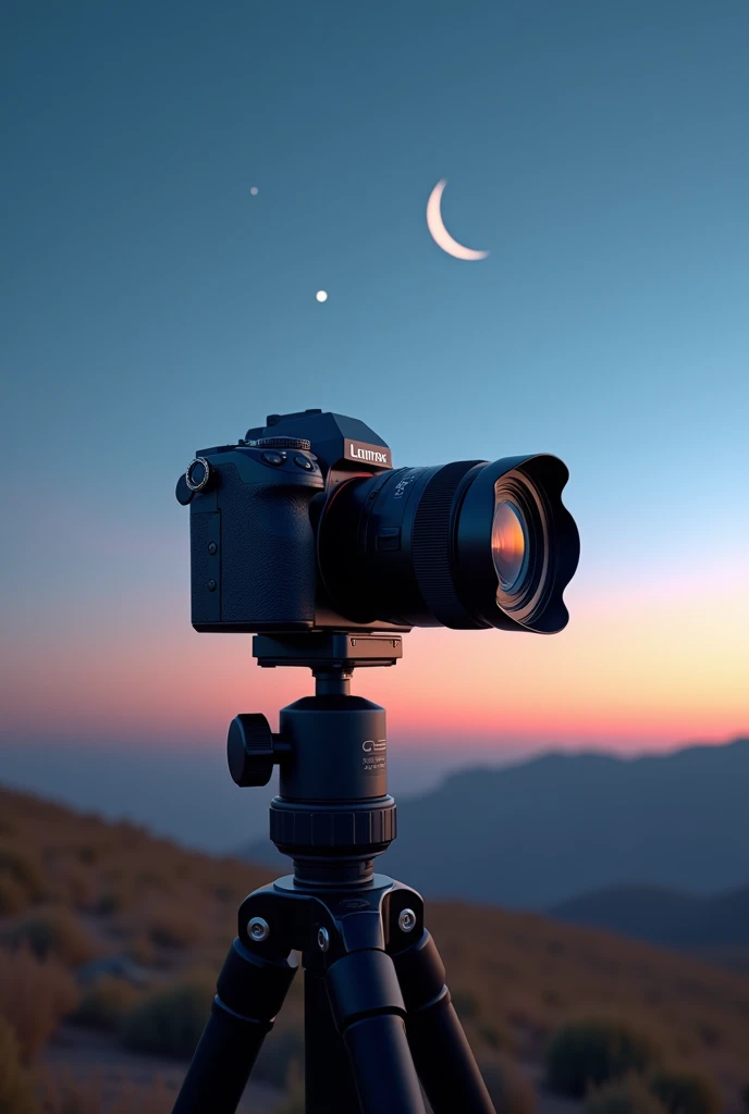 YouTube channel banner size image of Lumix g7 Camera on foreground over Tripod stand shooting photography of beautiful  last star and moon of early morning sky hyper realistic 