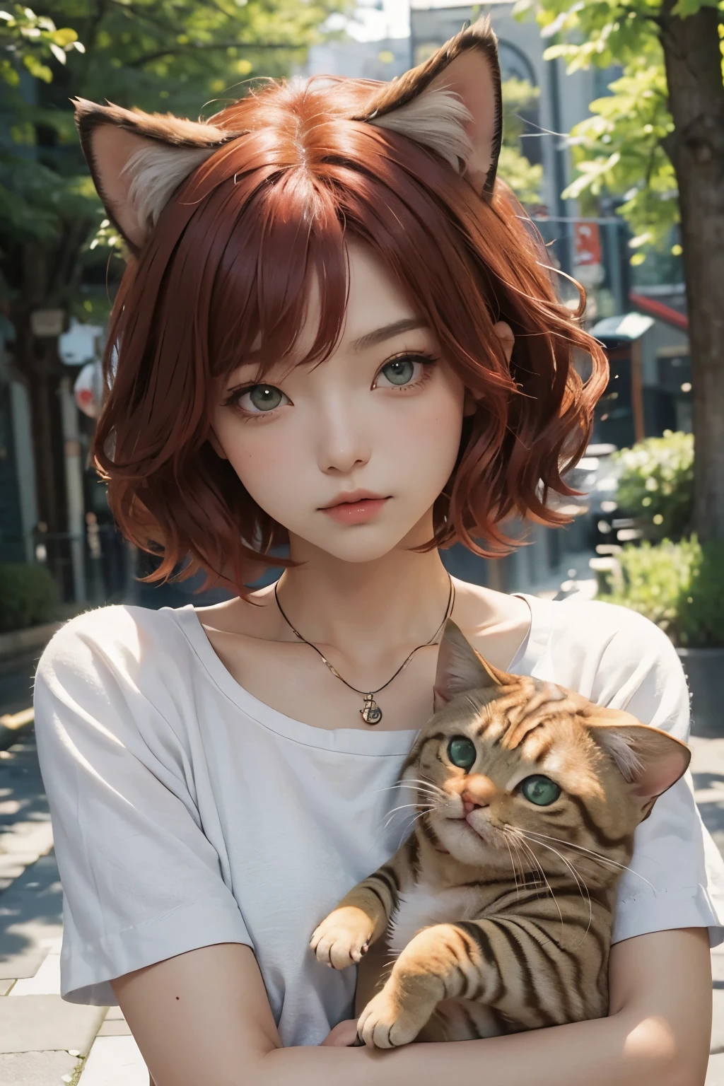 masterpiece, best quality, SakuraVRC, 1girl, solo, short hair, red hair, green eyes, chibi, animal ear fluff ;3, catmouth,  