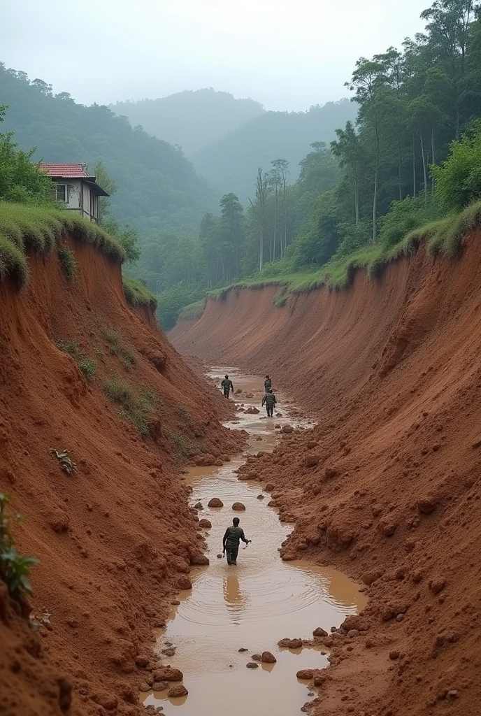 land sliding in a village area and all houses are buried under the mud and the armies are trying to save people from the land slide. every one is trying to get rid from this land slide