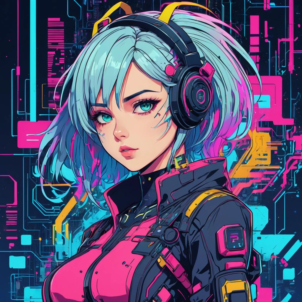 A charming cyberpunk anime girl, intricate ink line art, vibrant vector illustration, bold strokes, glitch art elements, flat color palette, dynamic key visual, technical schematics, minimalist linework, masterpiece