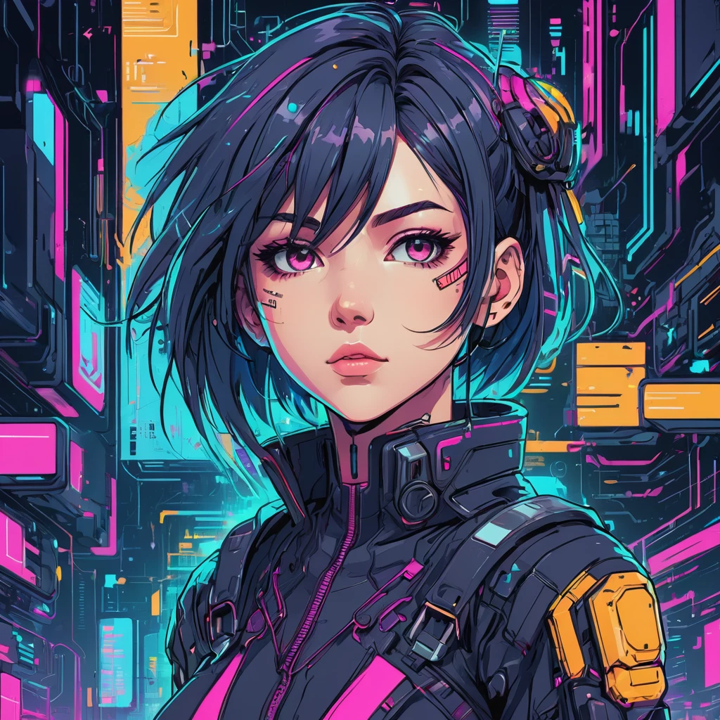A charming cyberpunk anime girl, intricate ink line art, vibrant vector illustration, bold strokes, glitch art elements, flat color palette, dynamic key visual, technical schematics, minimalist linework, masterpiece