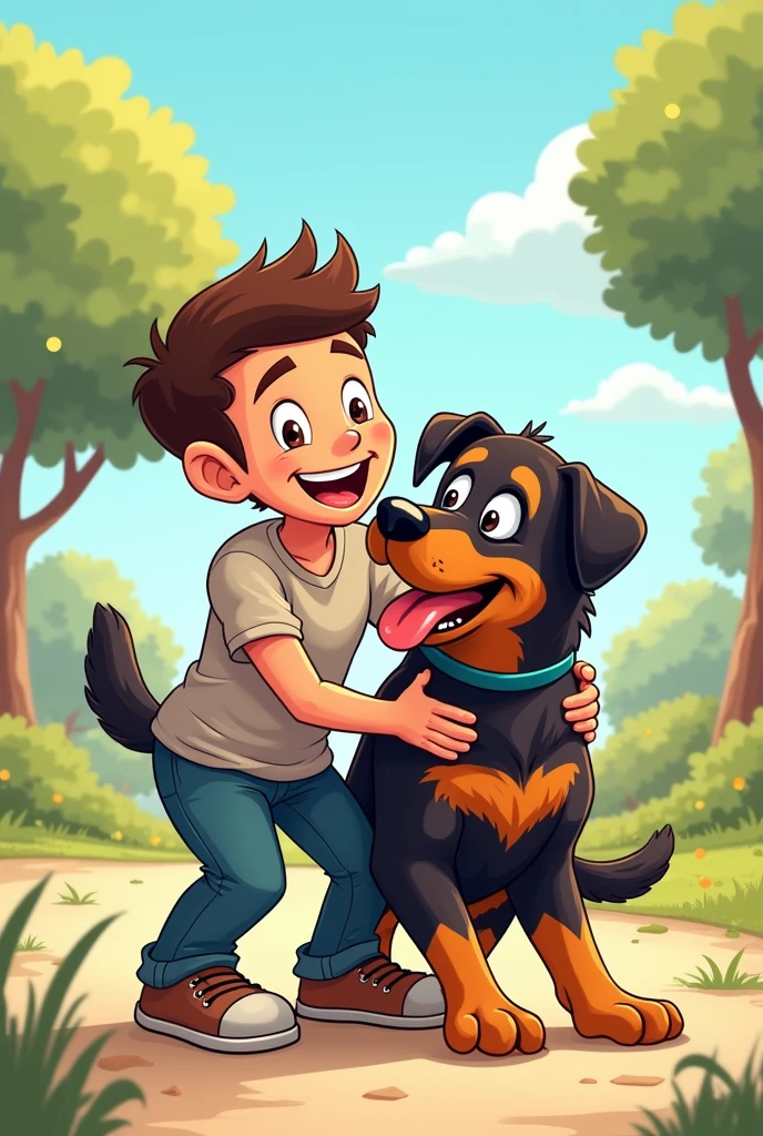 Man ,happy,playing, rottweiler dog,joyful ,love,cartoon,doodle,pretty,cute,