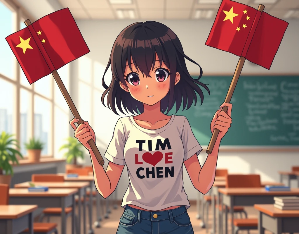 anime lady wearing a shirt with  imprint "TIM LOVES CHEN' holding two flags, Classroom