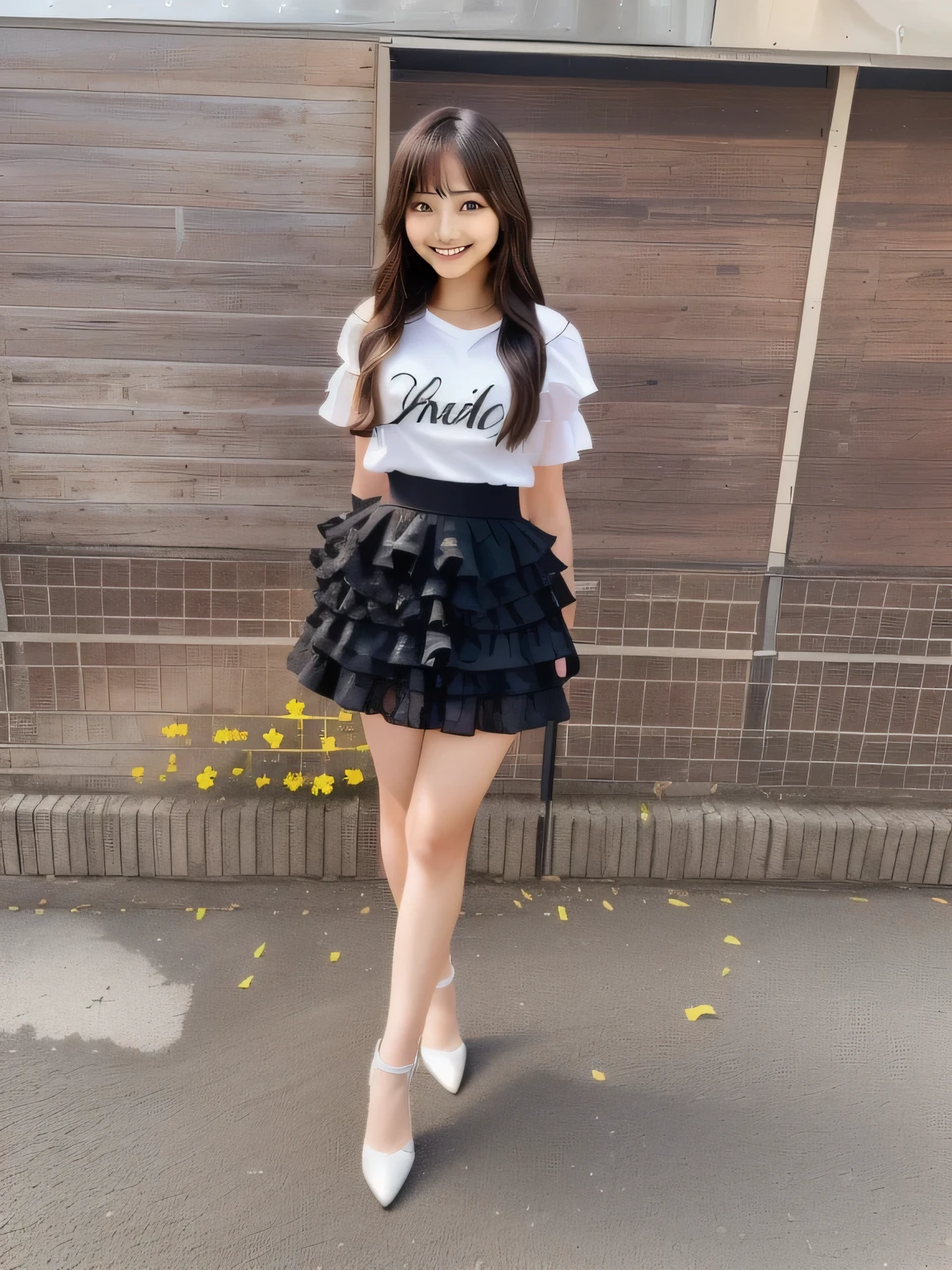 An Asian woman wearing a skirt and T-shirt is having a photo shoot., Frills, Frillsy outfit, Chiho, full body!!, white!!, Shot on Sony Alpha 9, dressed in a Frillsy ((race)), 8k)), Shot on a Canon 80d, full_body!!, ( Ivory Black ), Face that faithfully reproduces the face of LoRA, High resolution, Very detailed, Natural Bangs, highest quality