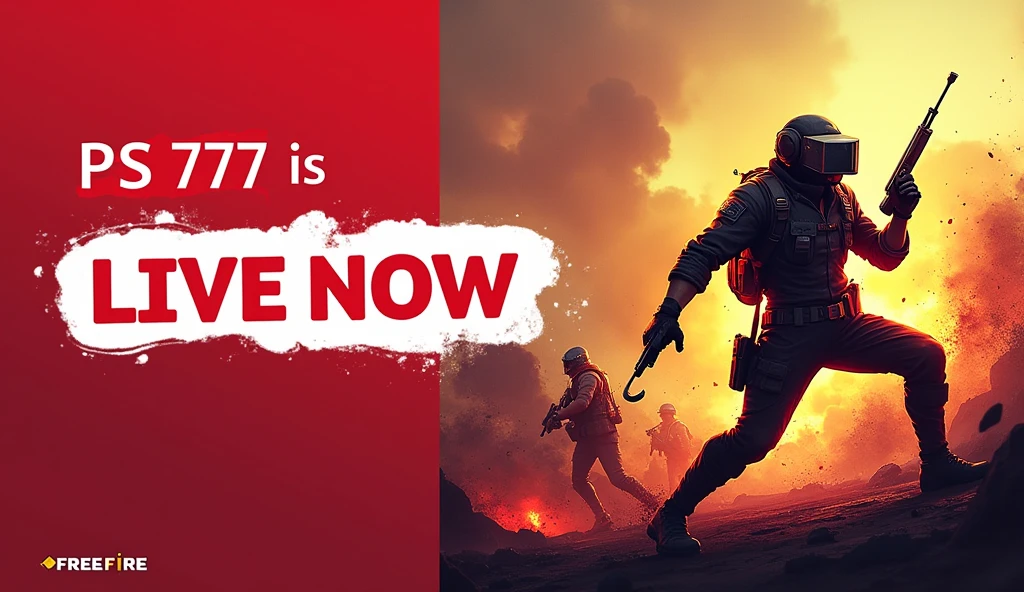 **Text Prompt:**
"Create a YouTube thumbnail for a Free Fire gaming live stream titled 'PS 777 is LIVE NOW'. The design should be in a 16:9 ratio, featuring a dramatic battleground background with vibrant, intense colors. Highlight a popular Free Fire character engaged in combat, right corner positioned. The text 'PS 777 is LIVE NOW' should be large, bold, and in Gradient Red and white letters with a slight shadow effect. The overall design should be dynamic and clean, with high-contrast colors like reds, yellows, and dark tones to make it visually striking..!! And Add Free Fire Logo Text small