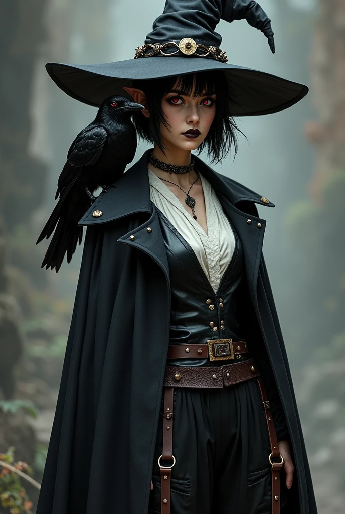 Make a pale female elf with pointy ears and short black hair, her eyes half red with a picture in them and black lips, put on a lush witch hat with a golden buckle, a black overcoat and a medieval white blouse with a dark leather vest over it that covers up to the neck and wide dark trousers, torn too, a leather belt that has straps that go around her hips. Put a raven on your shoulder and a dark scar that runs from your throat to your jaw. I want it to show her body almost completely and she&#39;s kind of sideways looking at the camera.