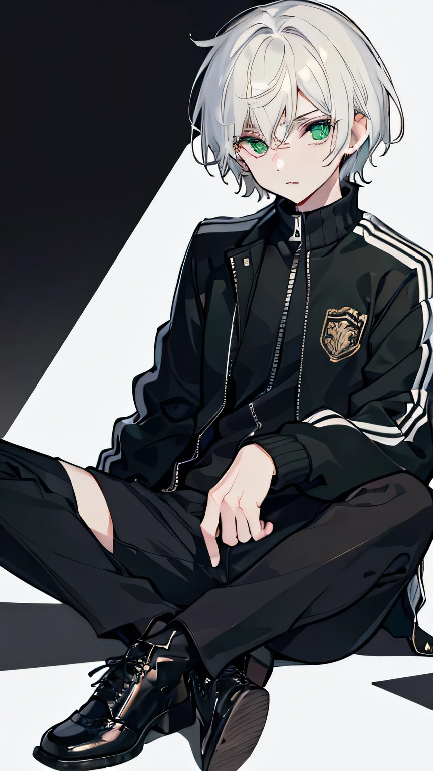 masterpiece, Facial details, Very detailed, 8k, Modern Style, ((One young man)), woman, Short white hair, Green Eyes, black track jacket, Black trousers, I can see the shoes, White Background, joy, sitting, partially unzipped,