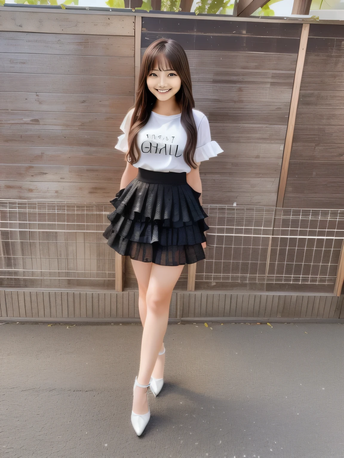 An Asian woman wearing a skirt and T-shirt is having a photo shoot., Frills, Frillsy outfit, Chiho, full body!!, white!!, Shot on Sony Alpha 9, dressed in a Frillsy ((race)), 8k)), Shot on a Canon 80d, full_body!!, ( Ivory Black ), Face that faithfully reproduces the face of LoRA, High resolution, Very detailed, Natural Bangs, highest quality