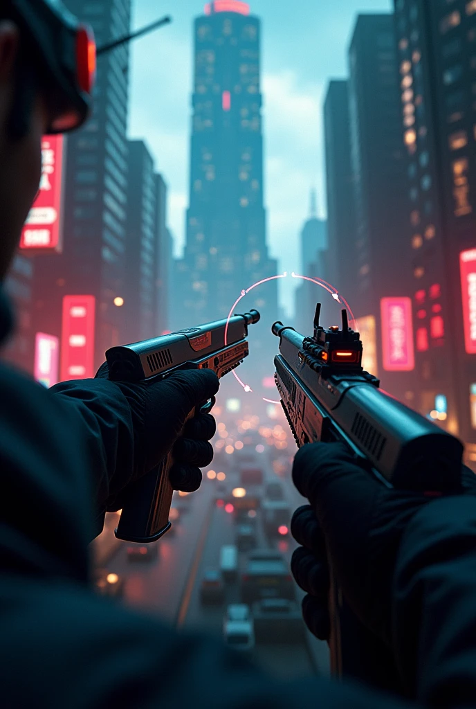 Cyber glasses with game mode on. In my pov, im holding a gun, and pointing at a building. I could see the bullseye target from the cyber glasses. No human in the picture.